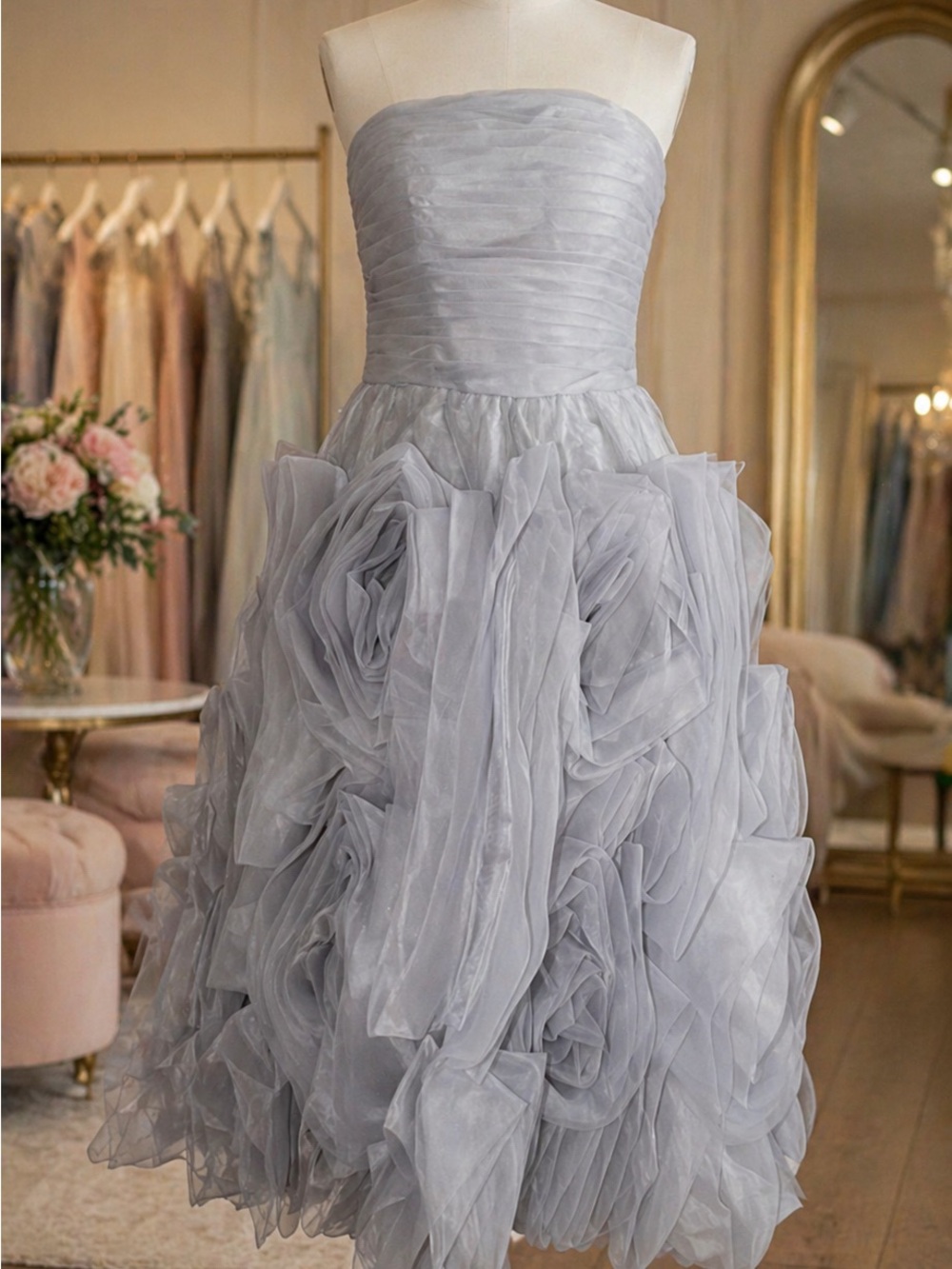 Strapless Light Gray Rosette Organza/Tulle Midi Dress, Size 4
